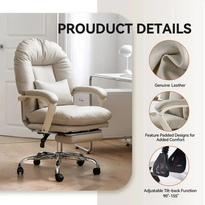 EMIAH C586 Ergonomic Ultra-Comfortable Office Chair with Foot Rest - EMIAH Store Beige / Genuine Leather