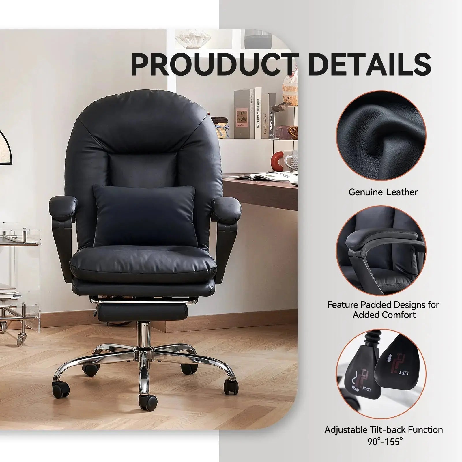 EMIAH C586 Ergonomic Ultra-Comfortable Office Chair with Foot Rest - EMIAH Store Black / Genuine Leather