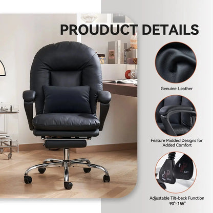 EMIAH C586 Ergonomic Ultra-Comfortable Office Chair with Foot Rest - EMIAH Store Black / Genuine Leather