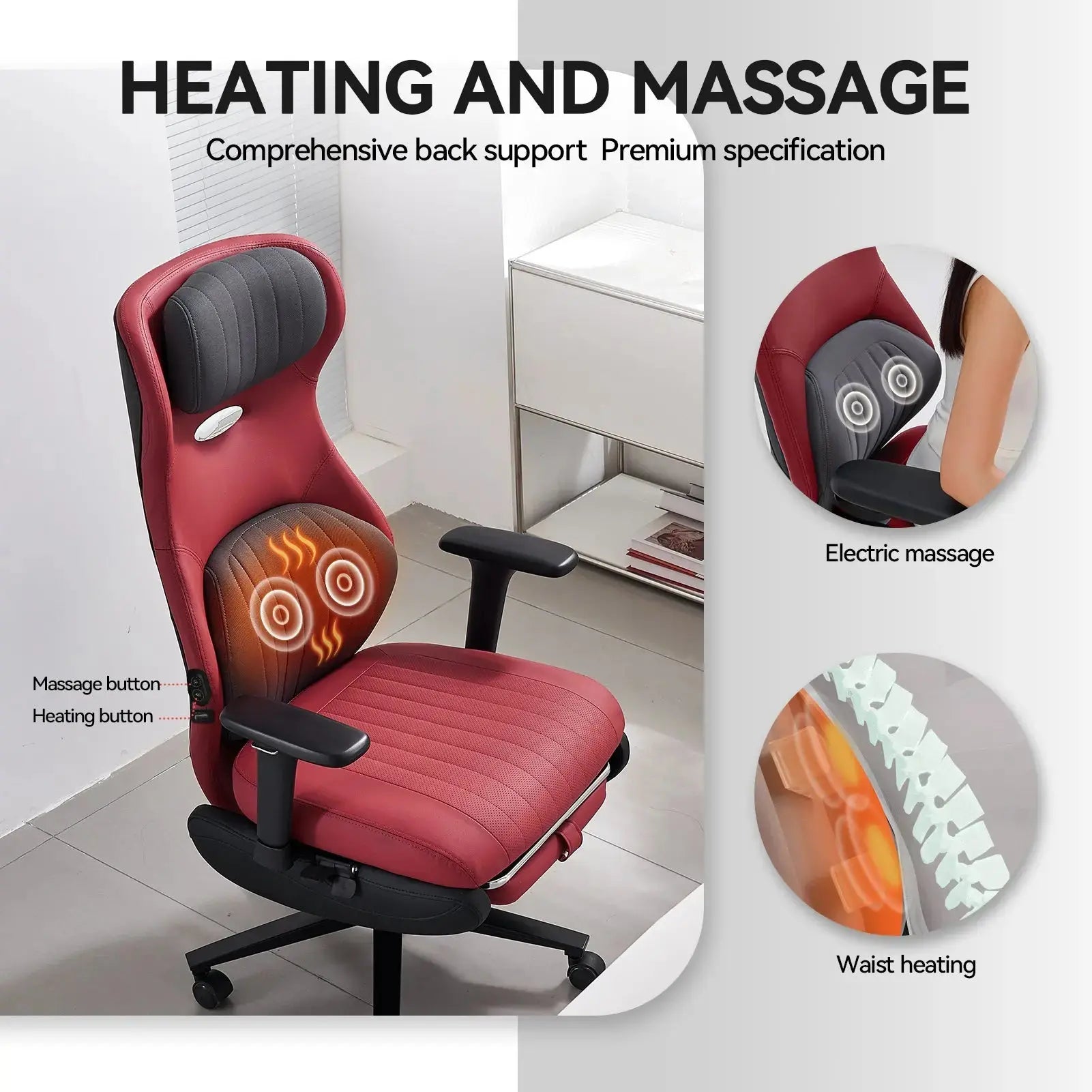 EMIAH GT100 Ergonomic Gaming Chair with Lumbar Support - EMIAH Store Red / Heated Massage
