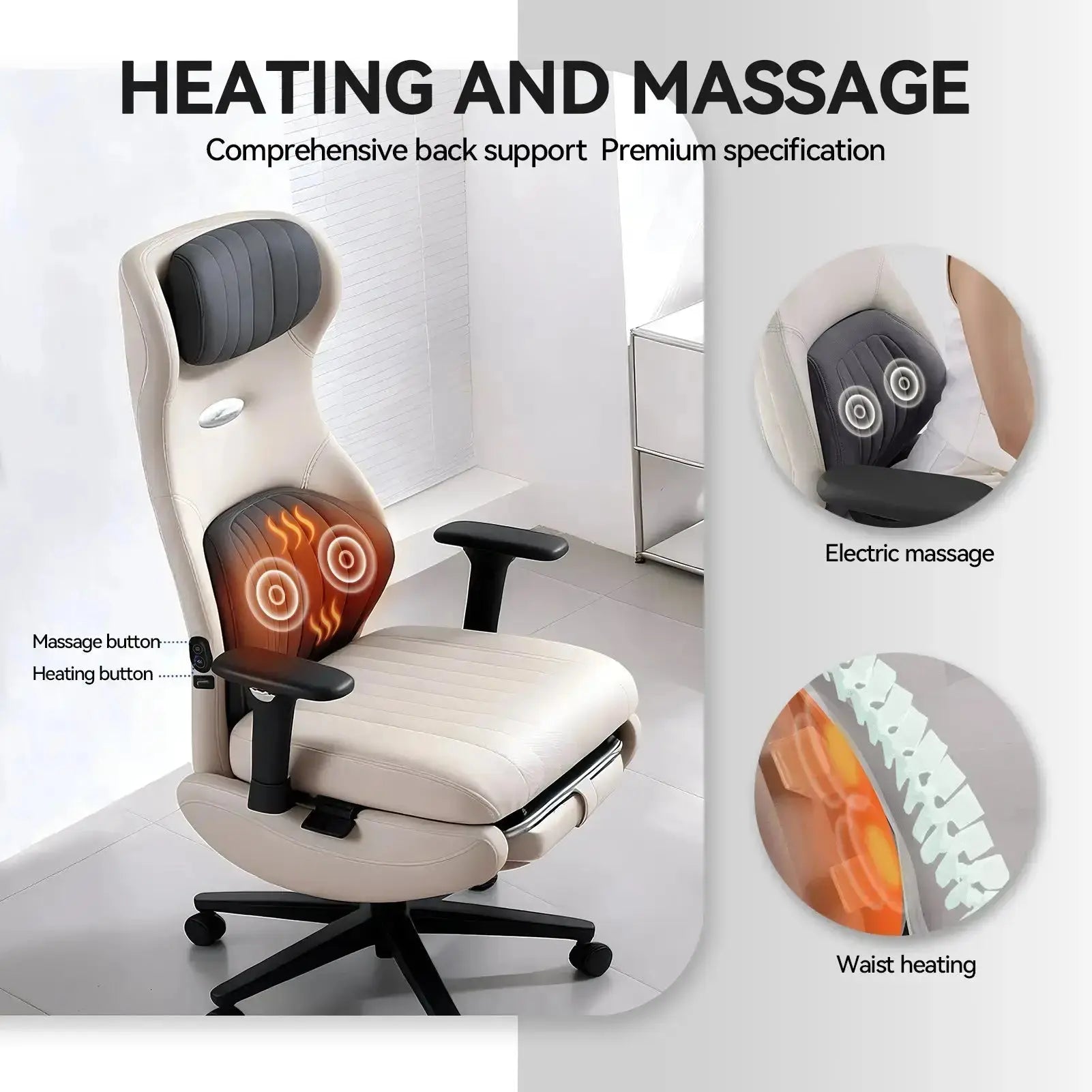 EMIAH GT100 Ergonomic Gaming Chair with Lumbar Support - EMIAH Store Beige / Heated Massage